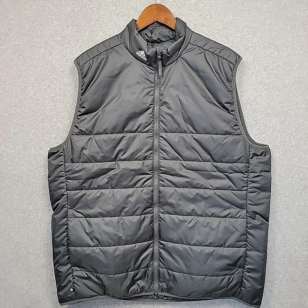ADIDAS Puffer Vest Men's 2XL Gray Three Stripe Logo Sporty Eco Friendly Material